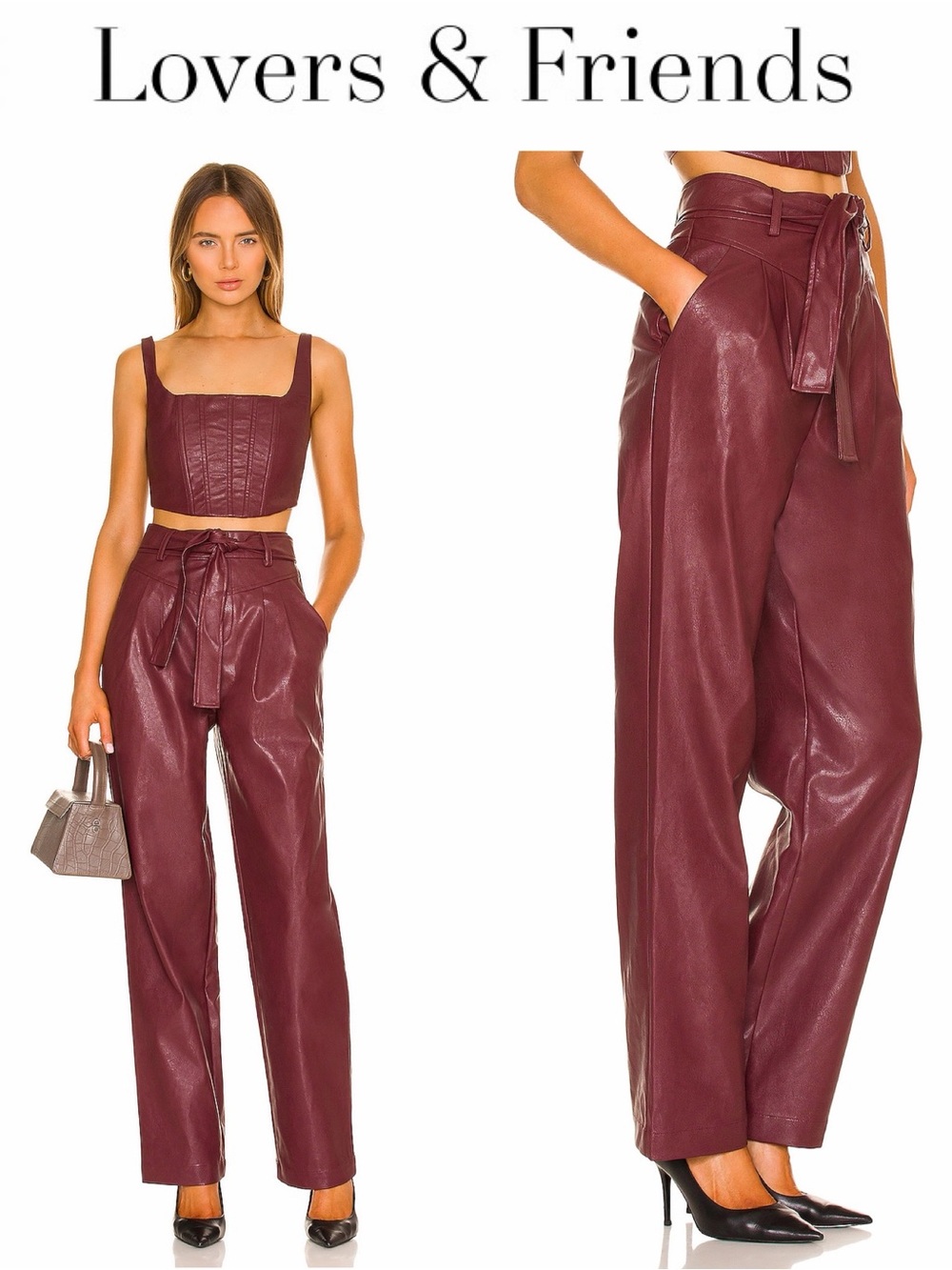 Lovers + Friends Bardot Trouser Wine Burgundy High-Waist Wide Leg Faux Leather
